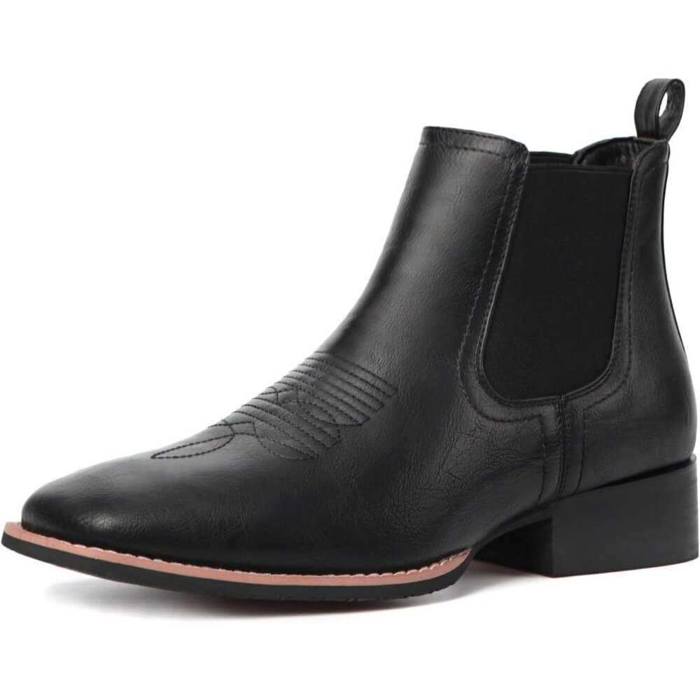 Men's Black Square Toe Chelsea Boots Western Ankle Boot Slip On Casual Boot